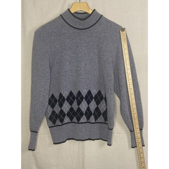 Vintage Jaeger Gray Lambs Wool Mock Neck Sweater Women Medium Argyle Dk Academia - Picture 4 of 7